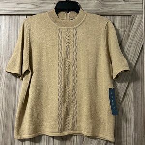 Tan and Gold Short Sleeve Sweater by KORET.     Sz Petite Medium NWT